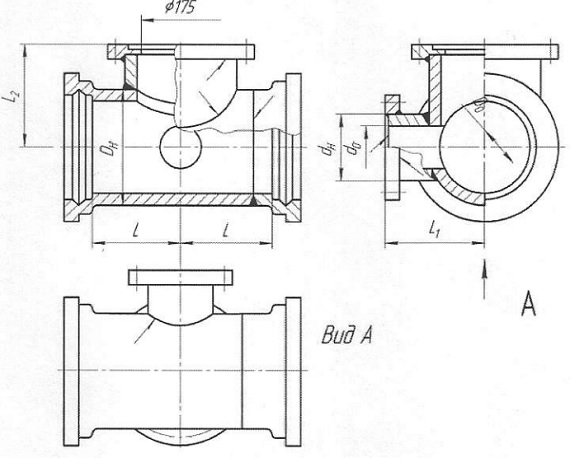 Рис. В. 29 Тройник раструб-фланец с пожарной подставкой Ду свыше 150 мм